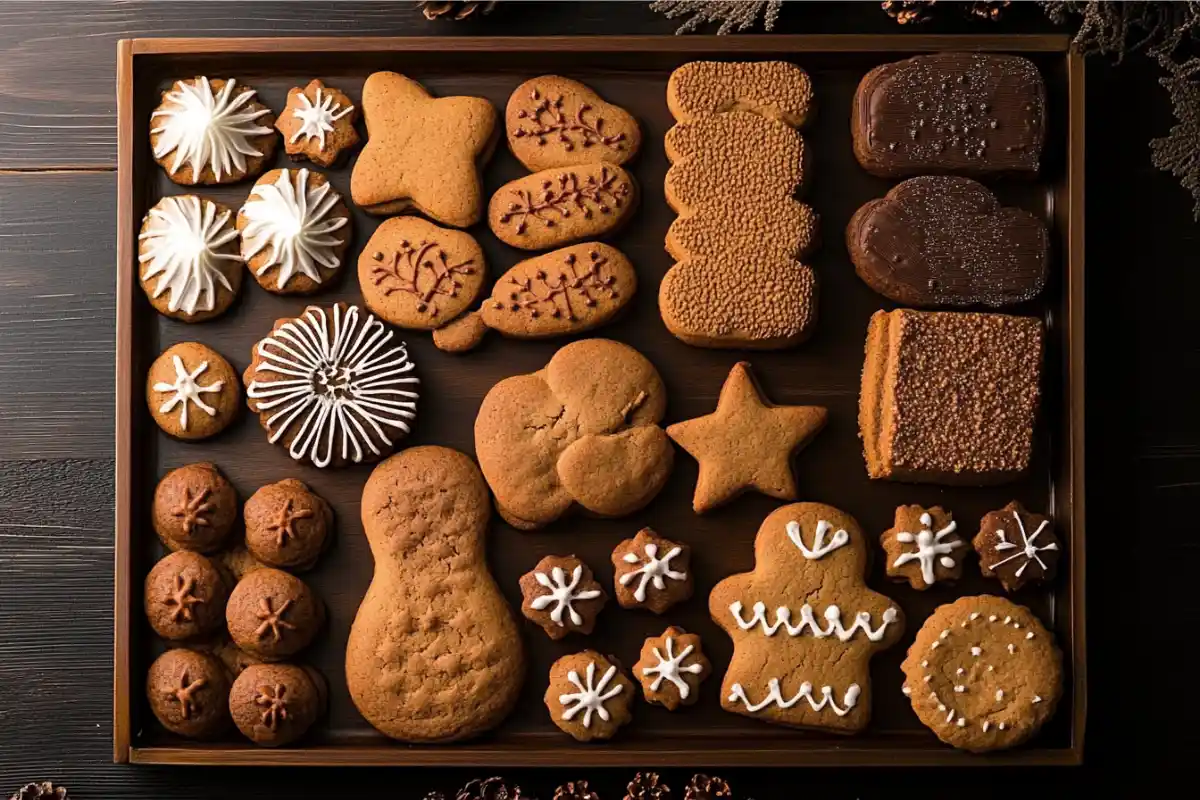 Gingerbread cookies arranged on a tray, showcasing varying textures.