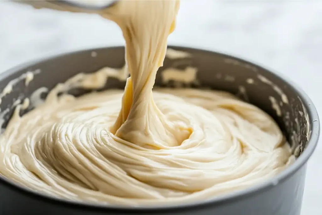 Pouring bundt cake batter into pan.