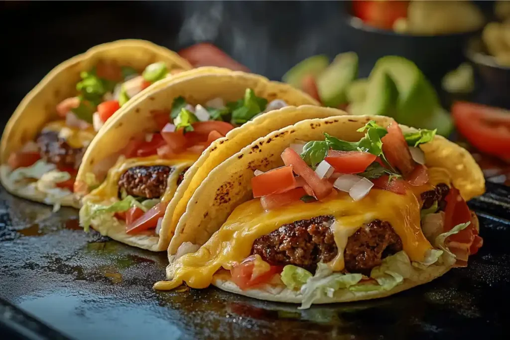 Smash burger tacos with melted cheese and fresh toppings on a griddle