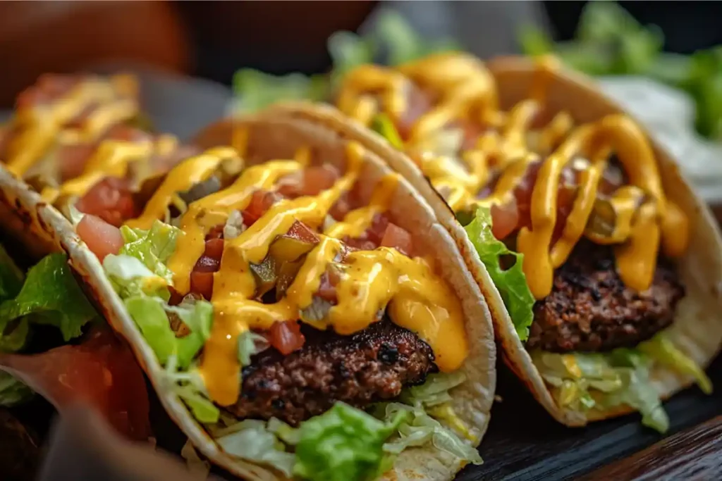 Close-up of smash burger tacos with melted cheese, lettuce, and smash sauce