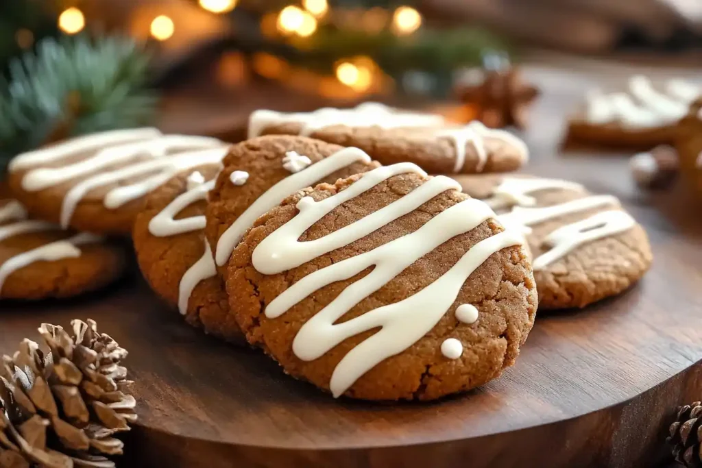 A batch of gingerbread latte cookies drizzled with white chocolate, displayed on a rustic wooden tray