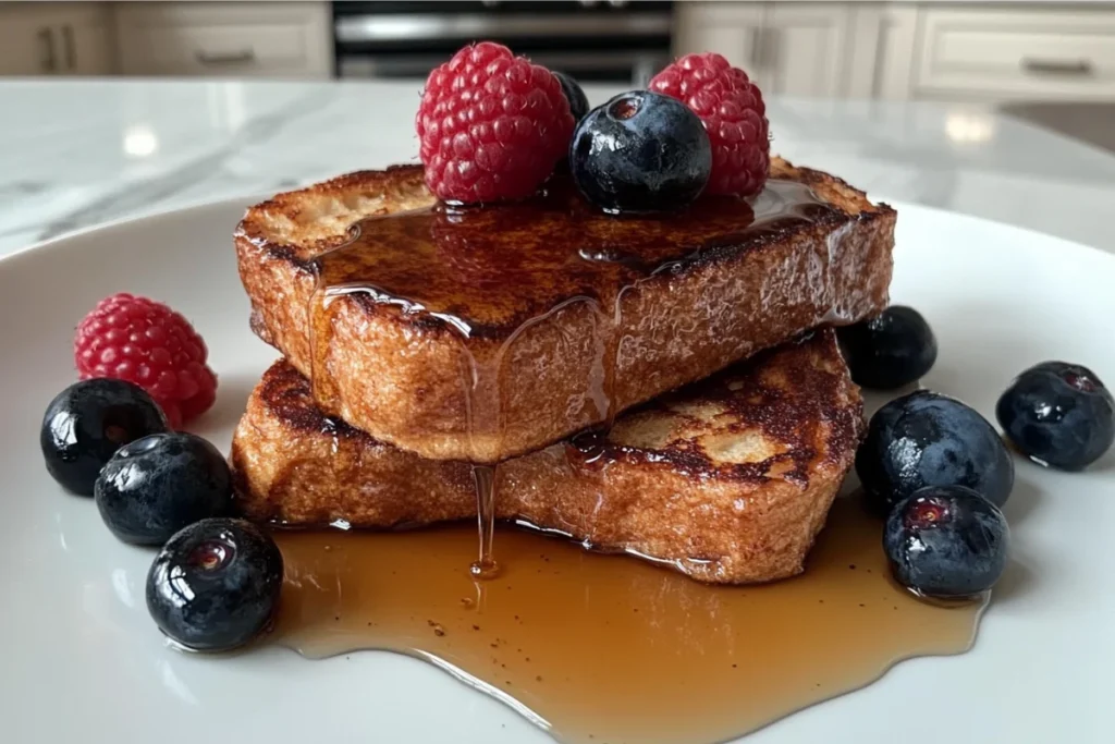 Delicious sourdough french toast with maple syrup and berries.