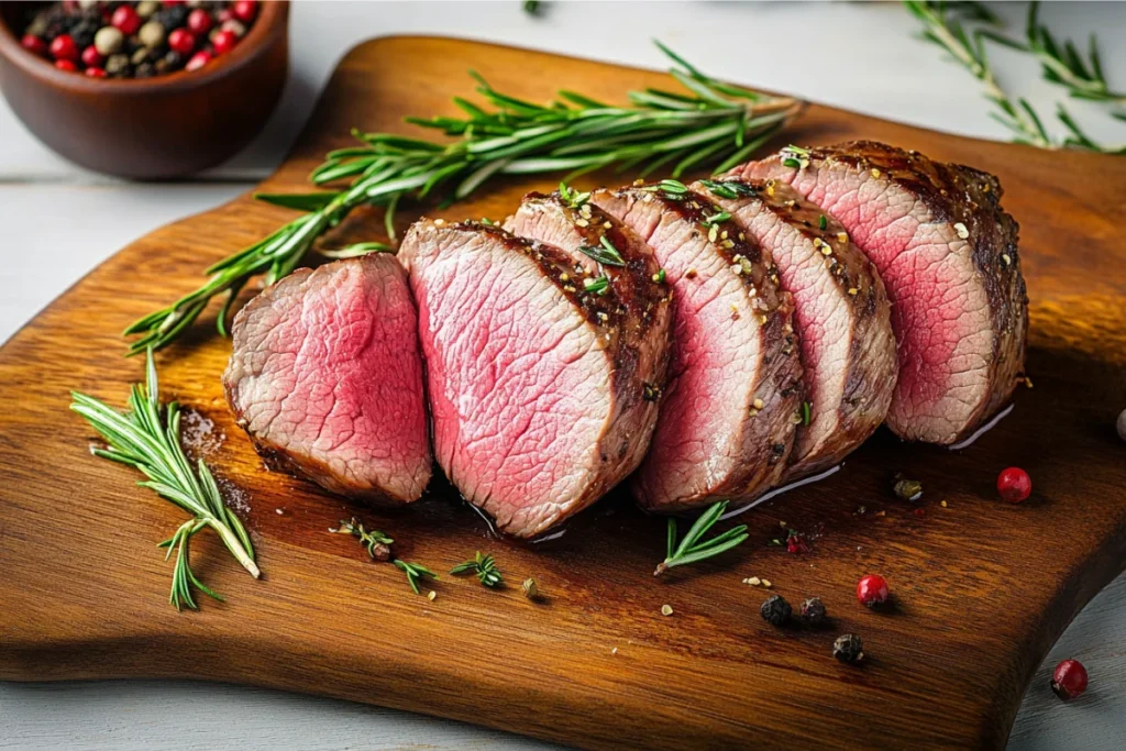 Perfectly cooked sous vide beef tenderloin sliced on a cutting board