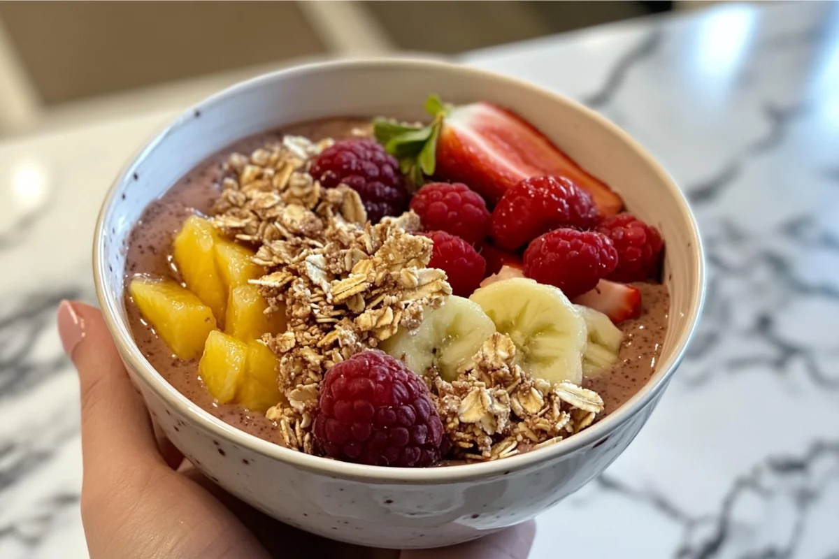 Close-up of a Tropical Smoothie acai bowl with fruits and granola