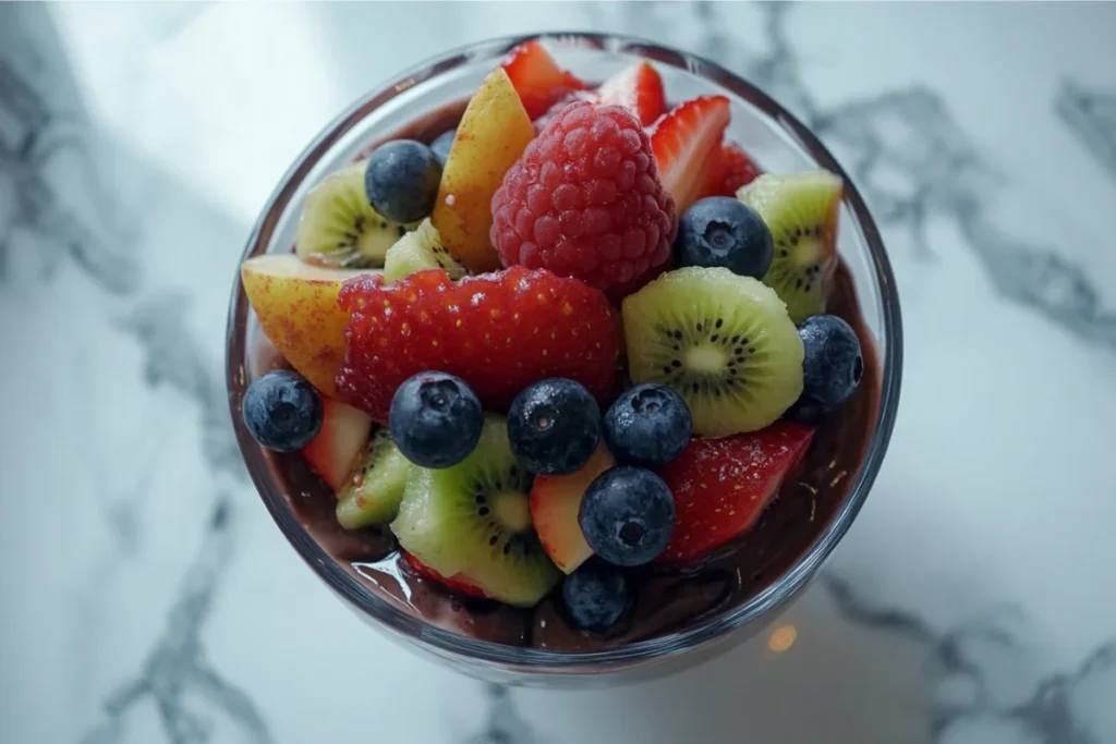 Close-up of an acai bowl topped with fresh fruit on a marble background.