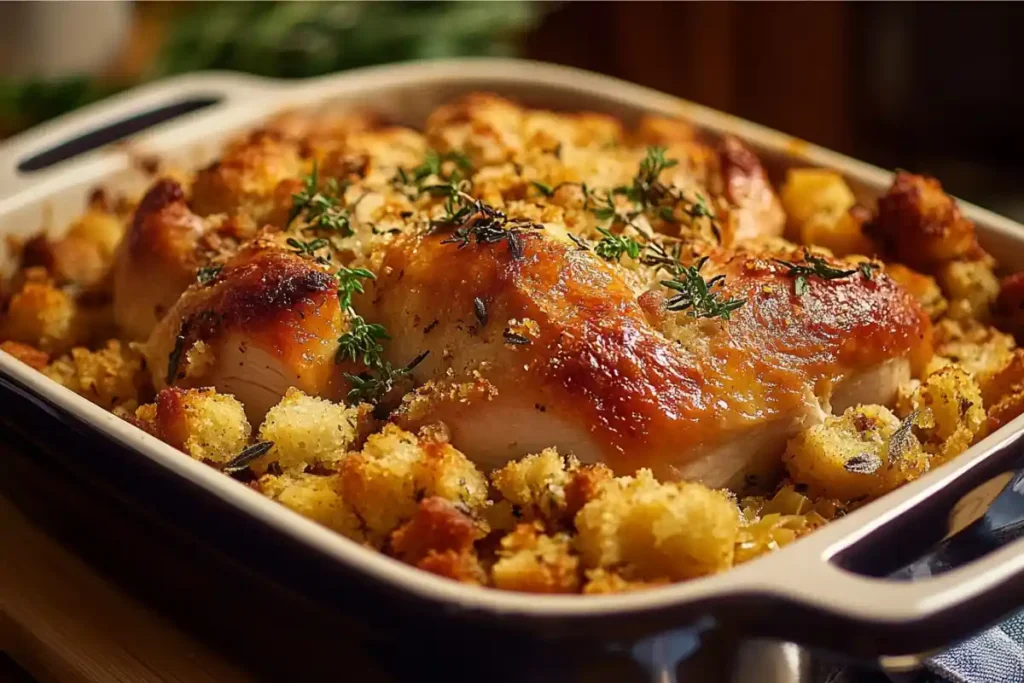 A warm, freshly baked turkey and stuffing casserole in a baking dish, topped with golden stuffing and herbs