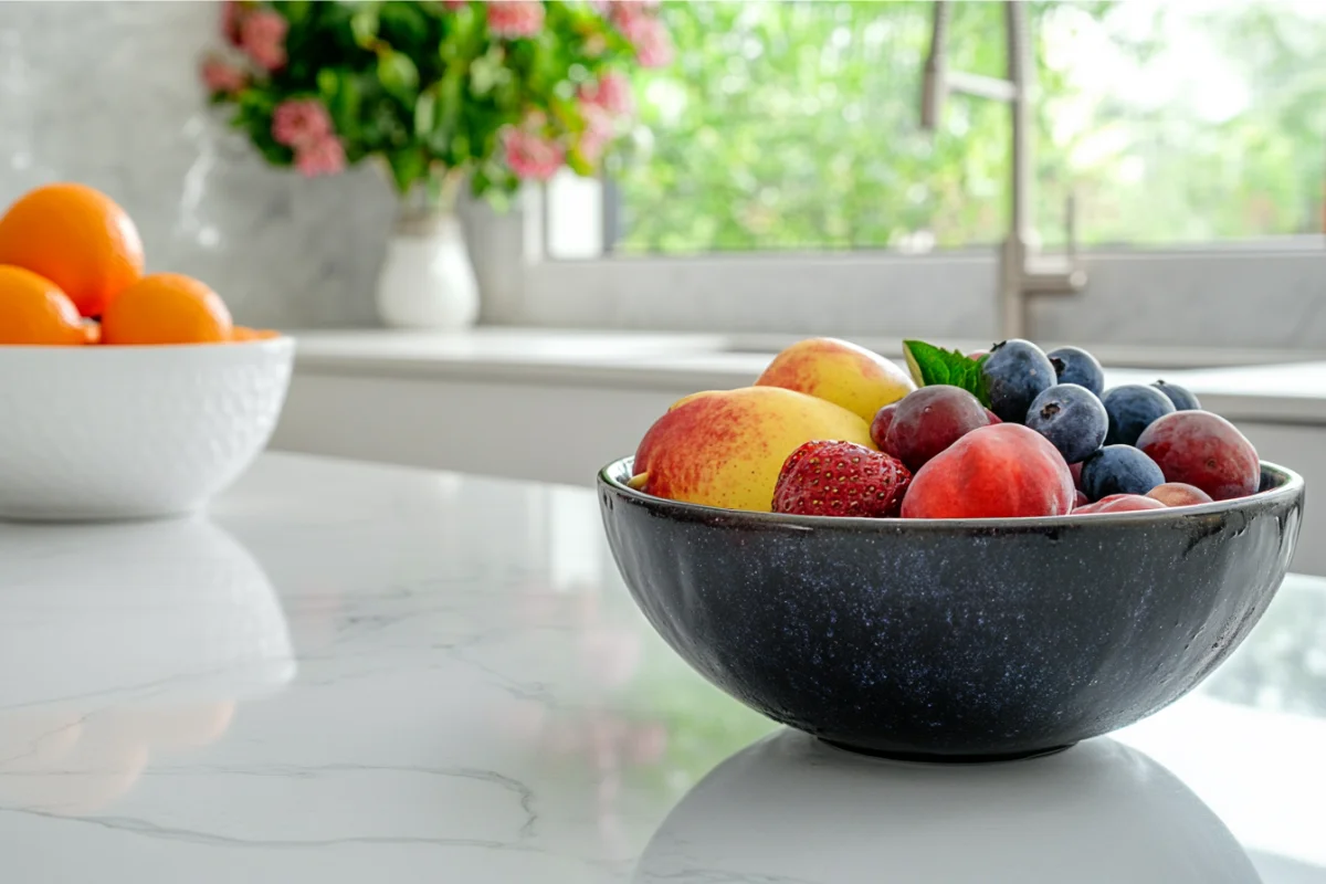 Close-up of an acai smoothie bowl with fresh fruits on a white kitchen marble counter