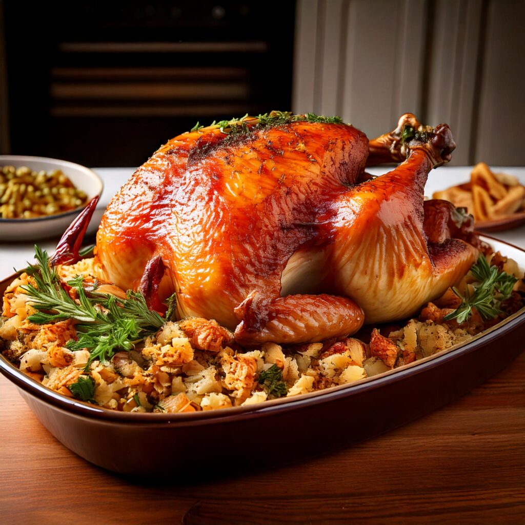 Cooked stuffing being placed into a turkey before roasting.