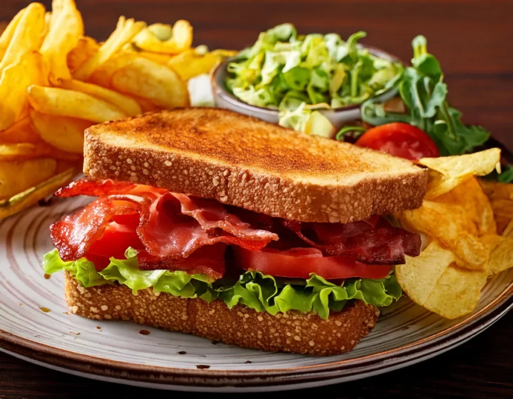 Delicious BLT sandwich with crispy bacon, fresh lettuce, and ripe tomatoes on toasted bread