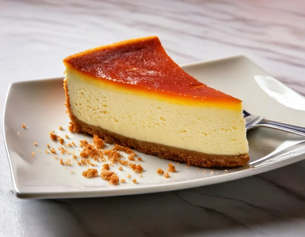 A close-up of a slice of New York cheesecake with a rich, dense texture