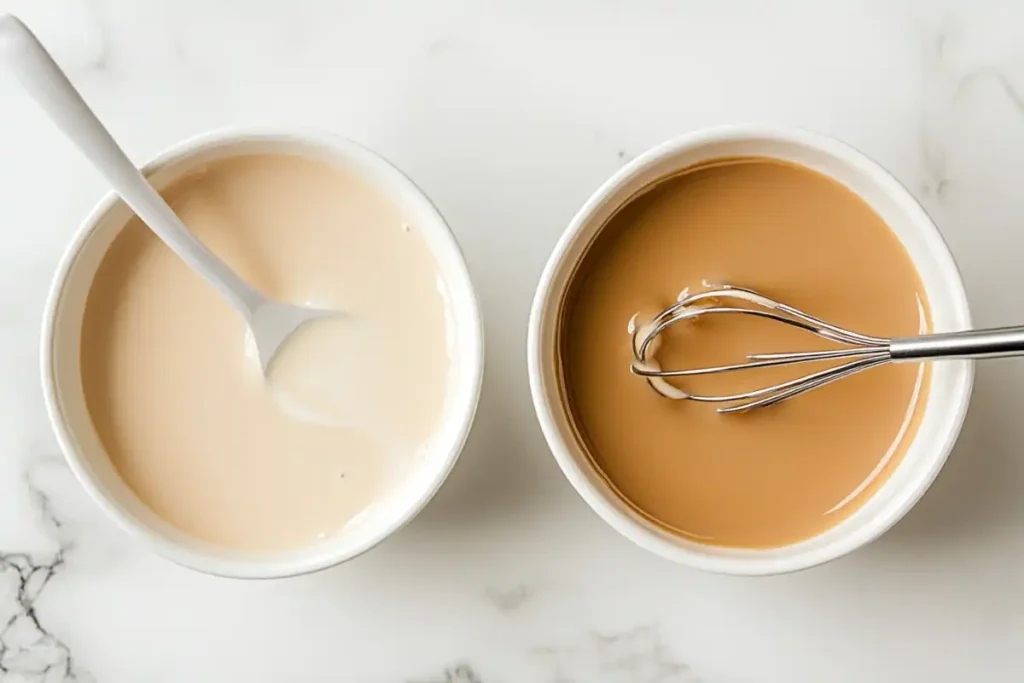 Evaporated milk and sweetened condensed milk in bowls, comparison on a white marble surface.