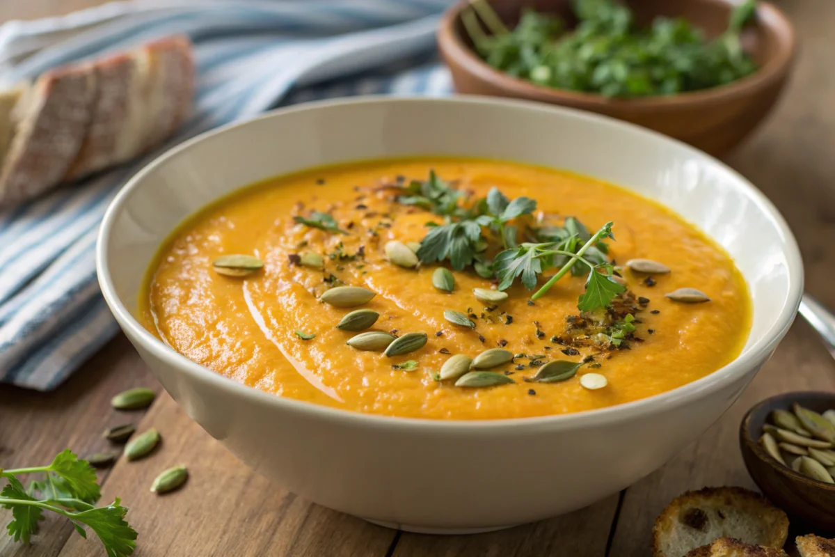 A bowl of creamy butternut squash carrot soup garnished with fresh herbs.