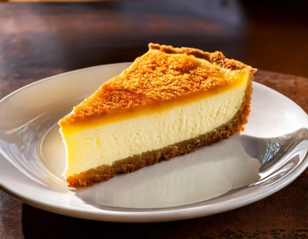 Close-up of a slice of cheesecake with a graham cracker crust, highlighting the crumbly texture and creamy filling.