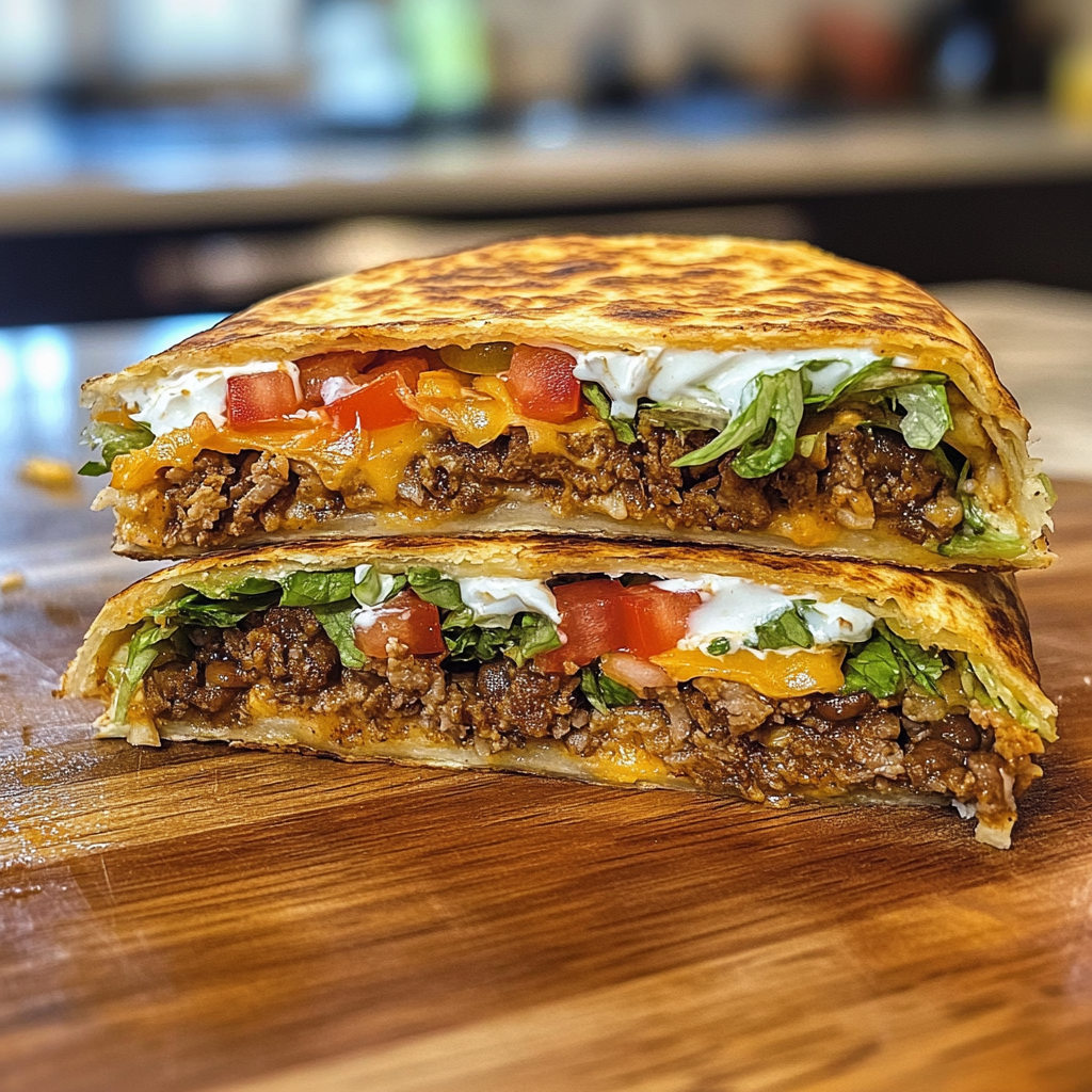 Crunchwrap Supreme with ingredients like beef, lettuce, and cheese