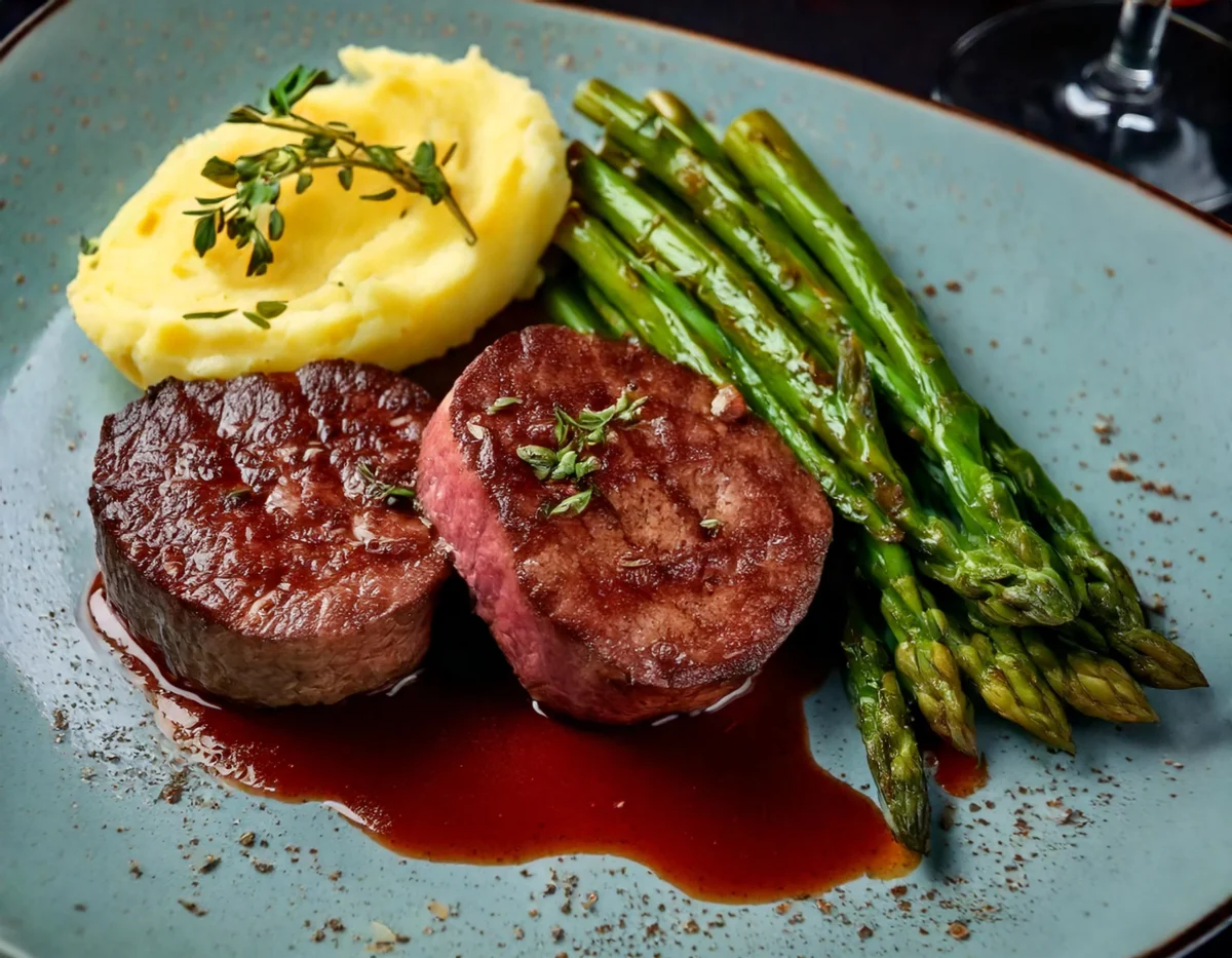 Juicy beef tenderloin medallions plated with roasted vegetables