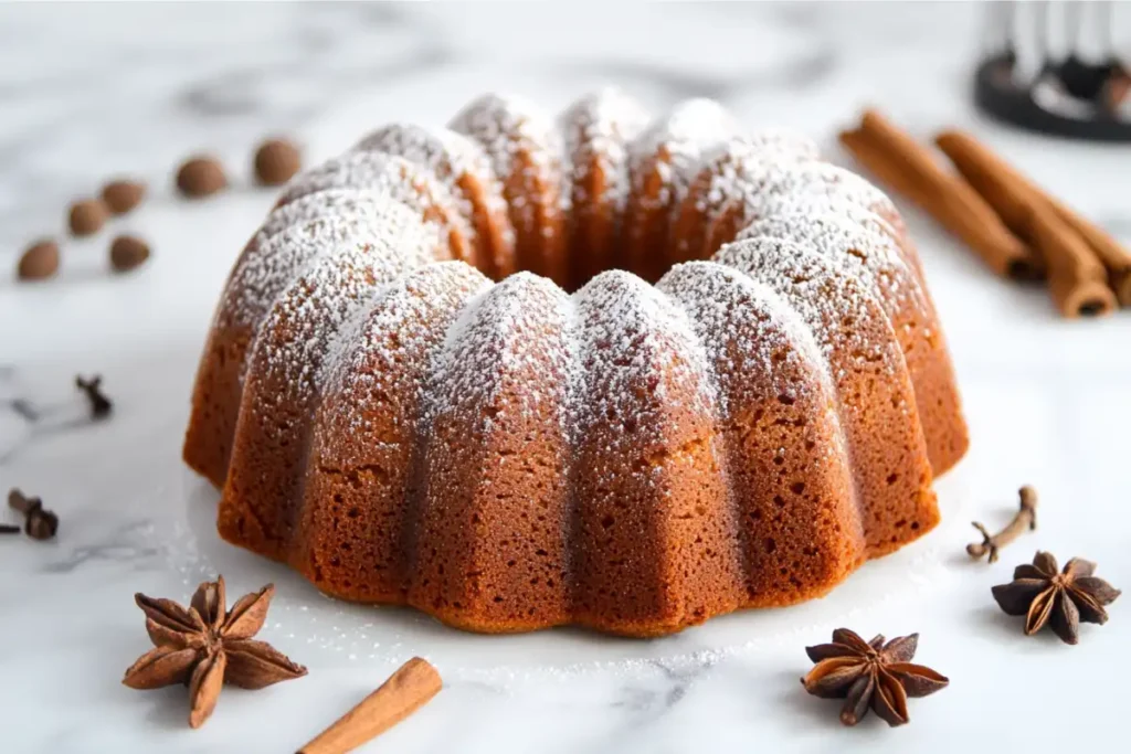 A beautifully baked gingerbread bundt cake dusted with powdered sugar