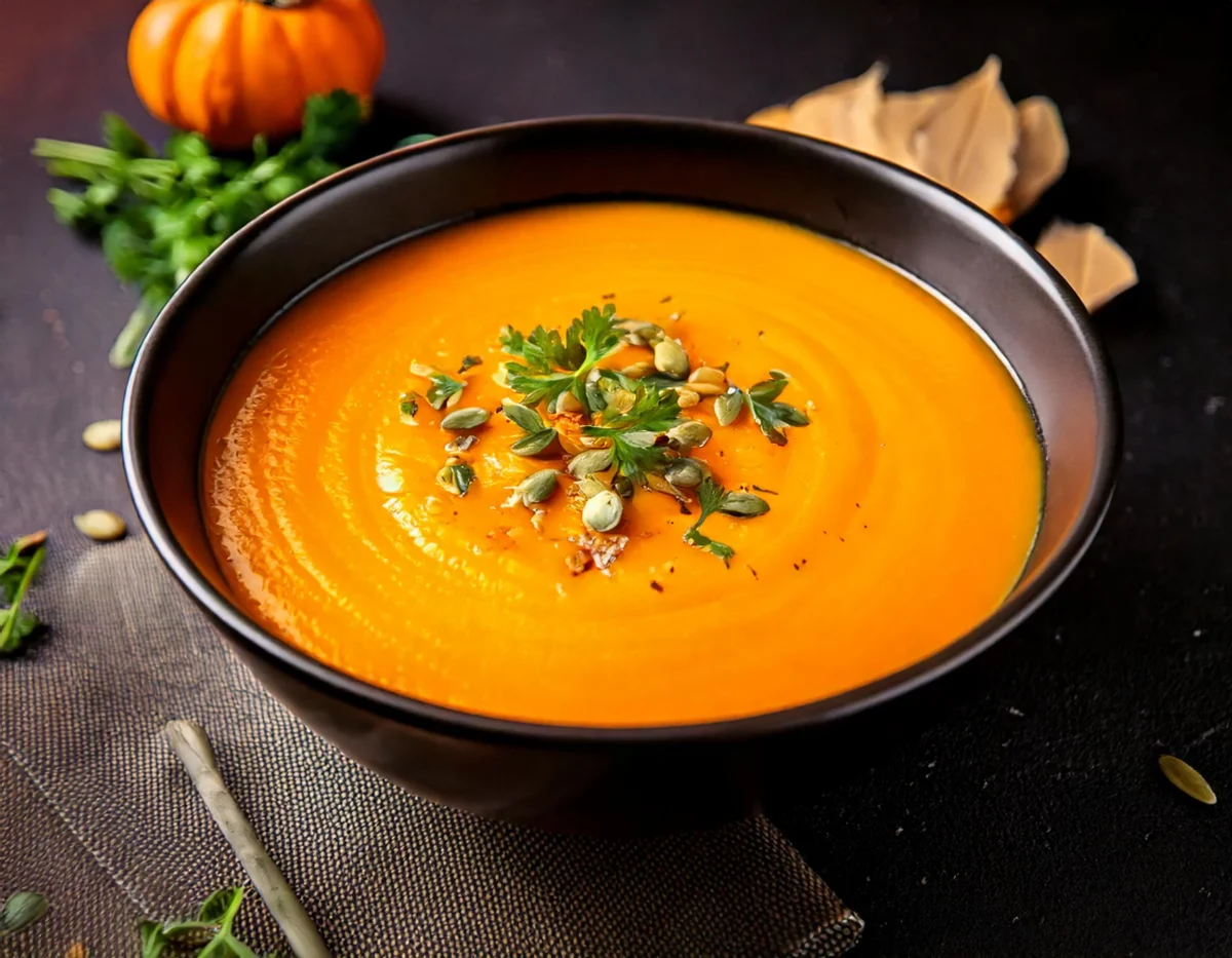 Creamy butternut squash soup in a white bowl with garnish