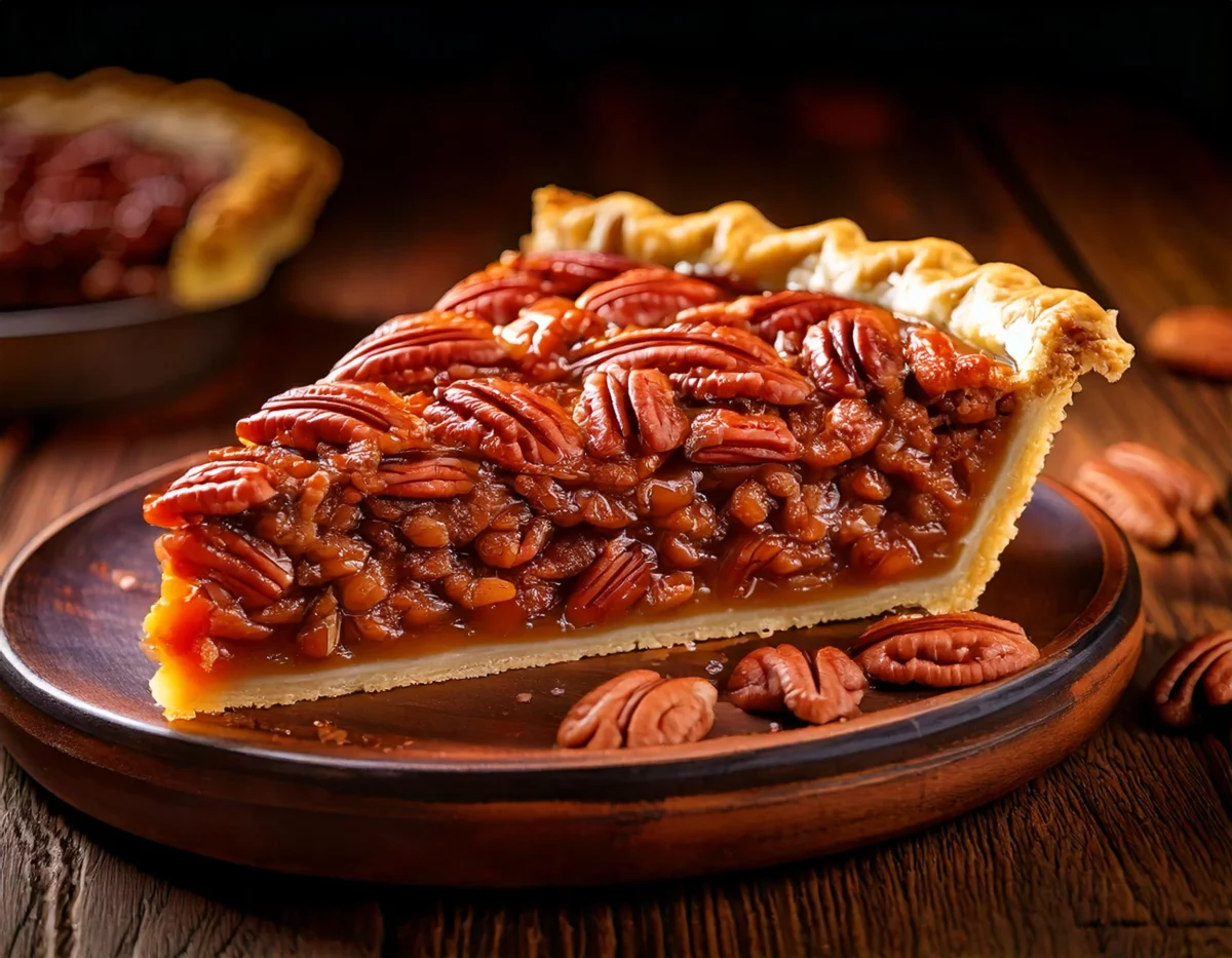 Close-up of a pecan pie slice using a substitute for karo syrup.