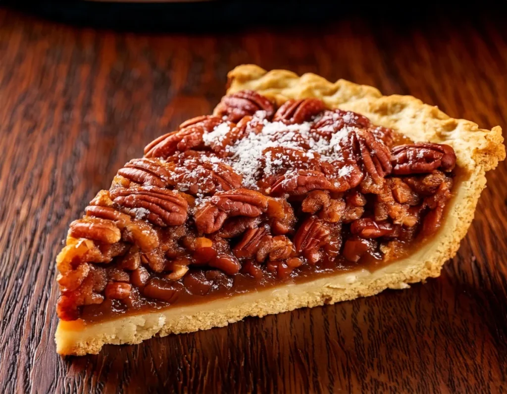 A delicious slice of pecan pie, highlighting the golden filling and flaky crust, showcasing a classic dessert.