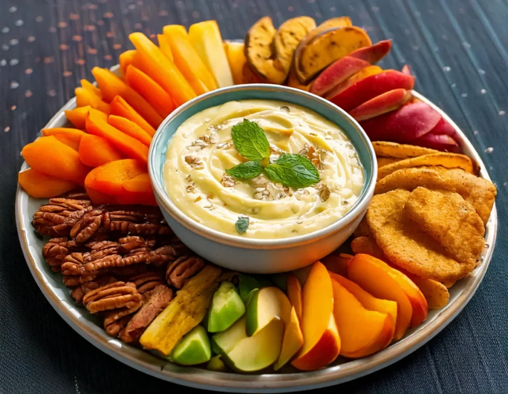 Pecan dip served with various dippers including crackers, fruit slices, and pretzels