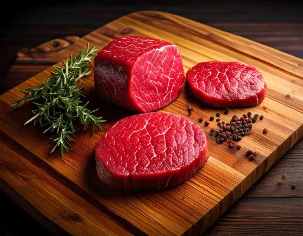 Comparison of filet mignon and beef medallions on a wooden cutting board