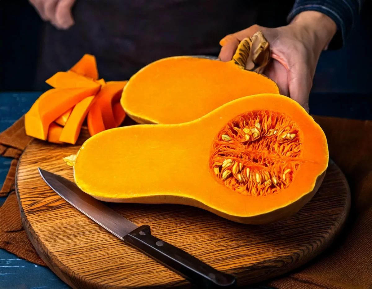 Ripe butternut squash with knife on wooden cutting board