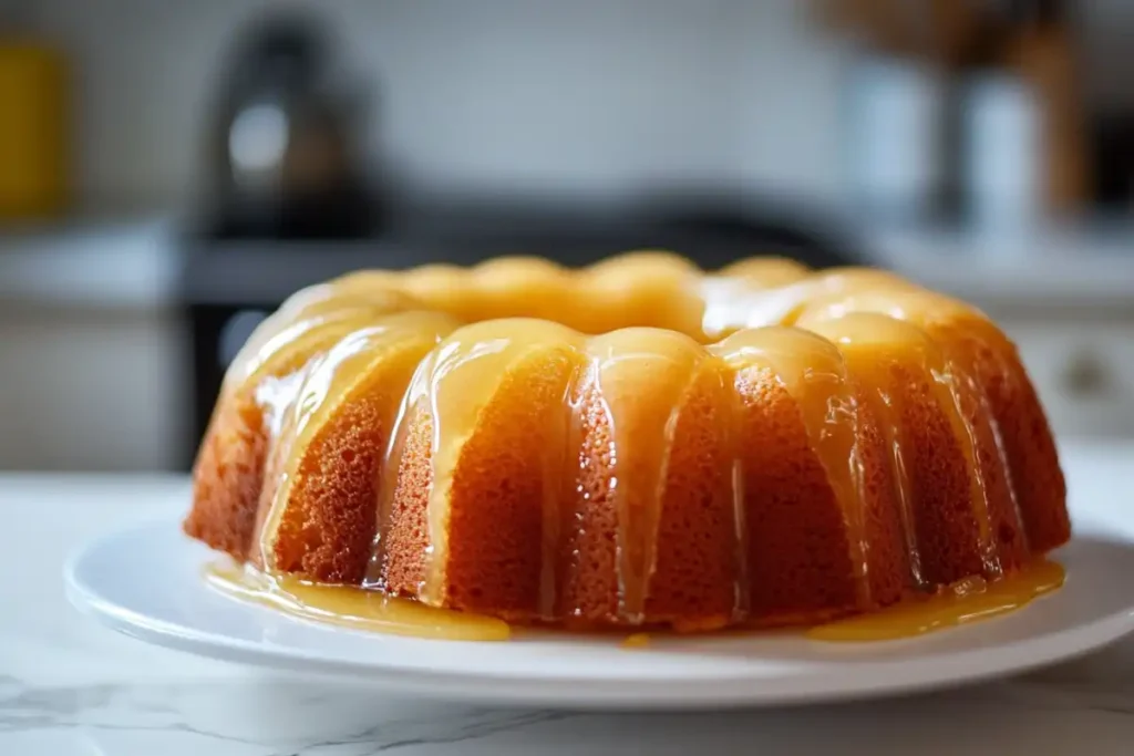 A close-up of a glazed lemon Bundt cake on a marble counter.