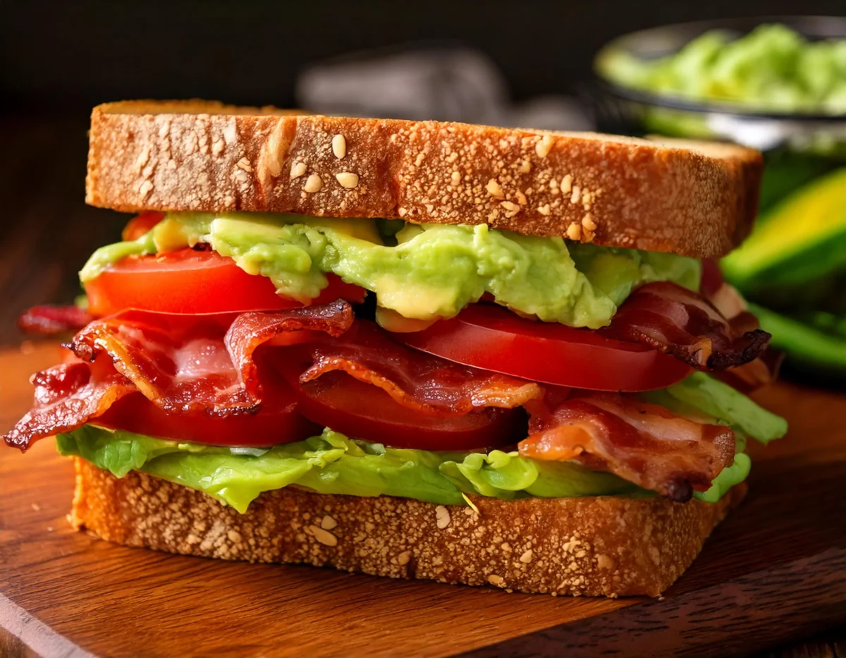 A gourmet BLT sandwich featuring crispy bacon, fresh lettuce, juicy tomatoes, and avocado slices on artisan bread.