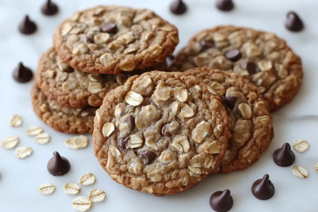 Oatmeal cookies with chocolate chips on white marble countertop