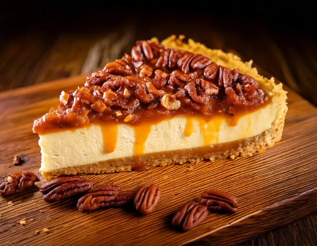 Delicious slice of pecan pie cheesecake with a graham cracker crust and pecan topping