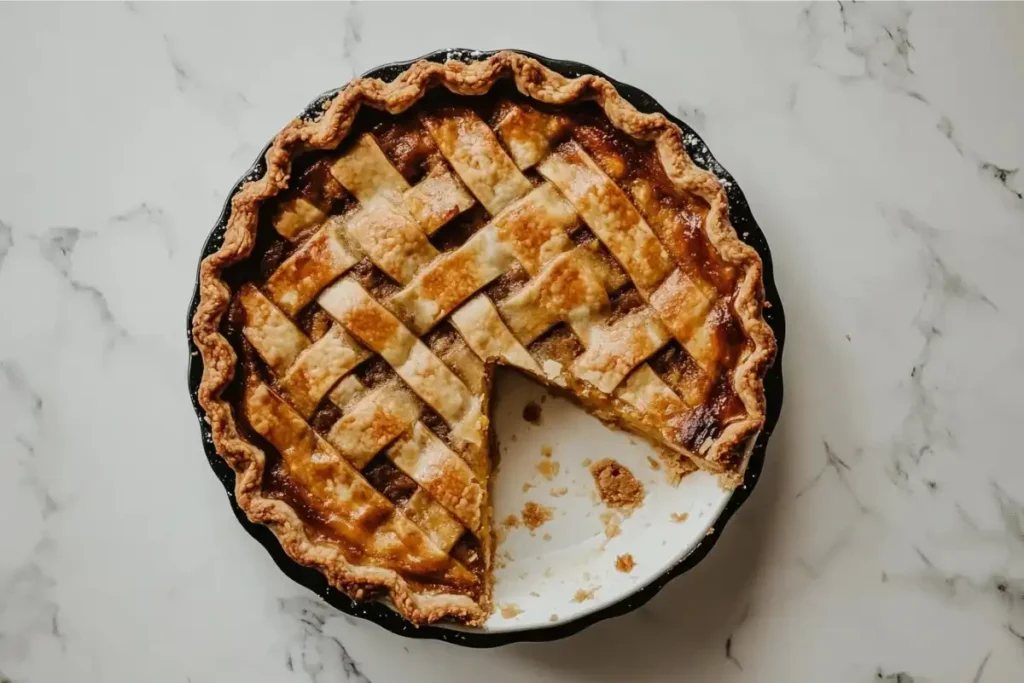 Fresh pumpkin pie, showing texture and golden crust.