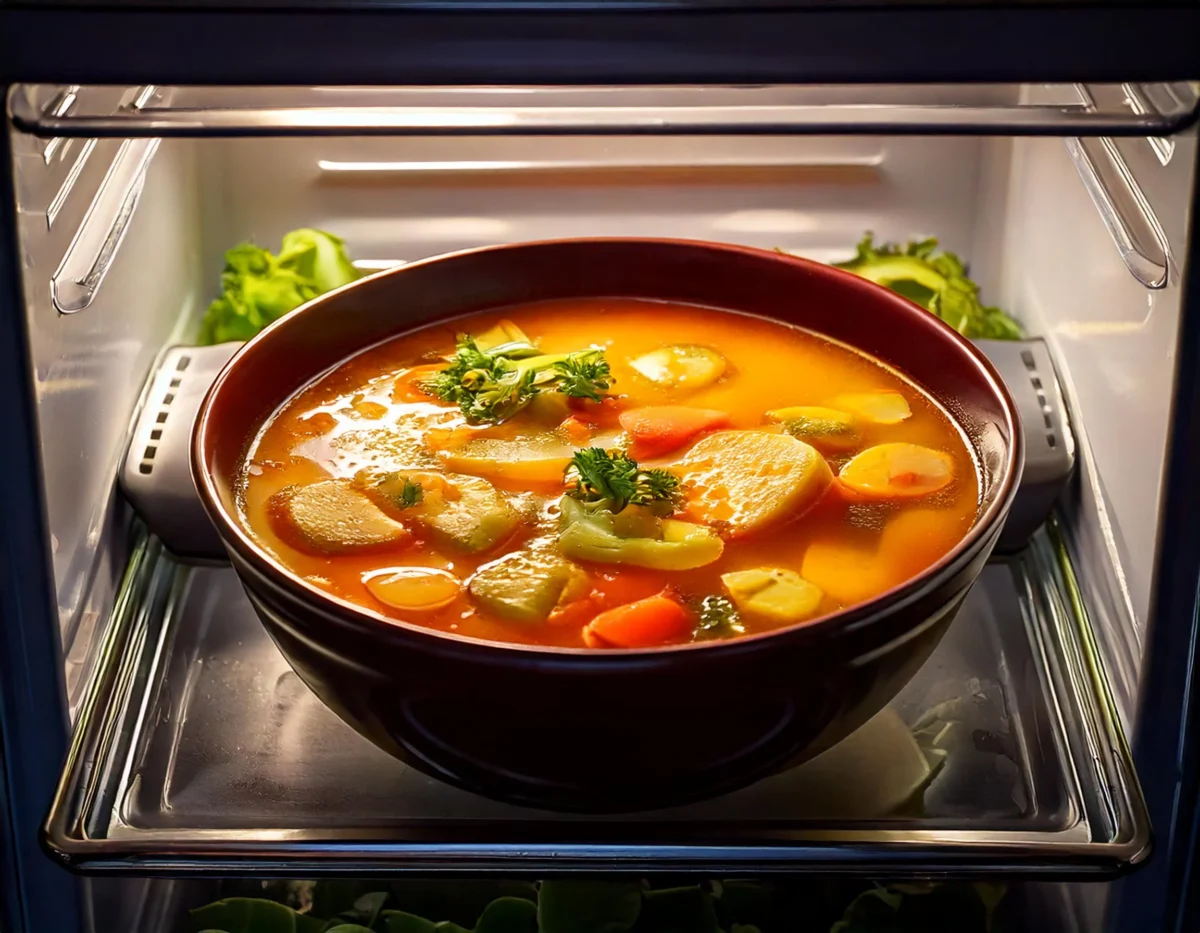 A steaming bowl of homemade vegetable soup placed on a wooden table.