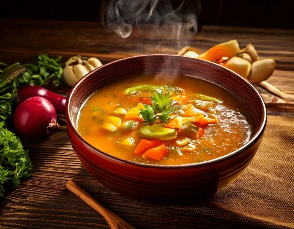 A bowl of delicious soup with vibrant colors and garnishes designed to showcase how to fix bitter taste in soup.