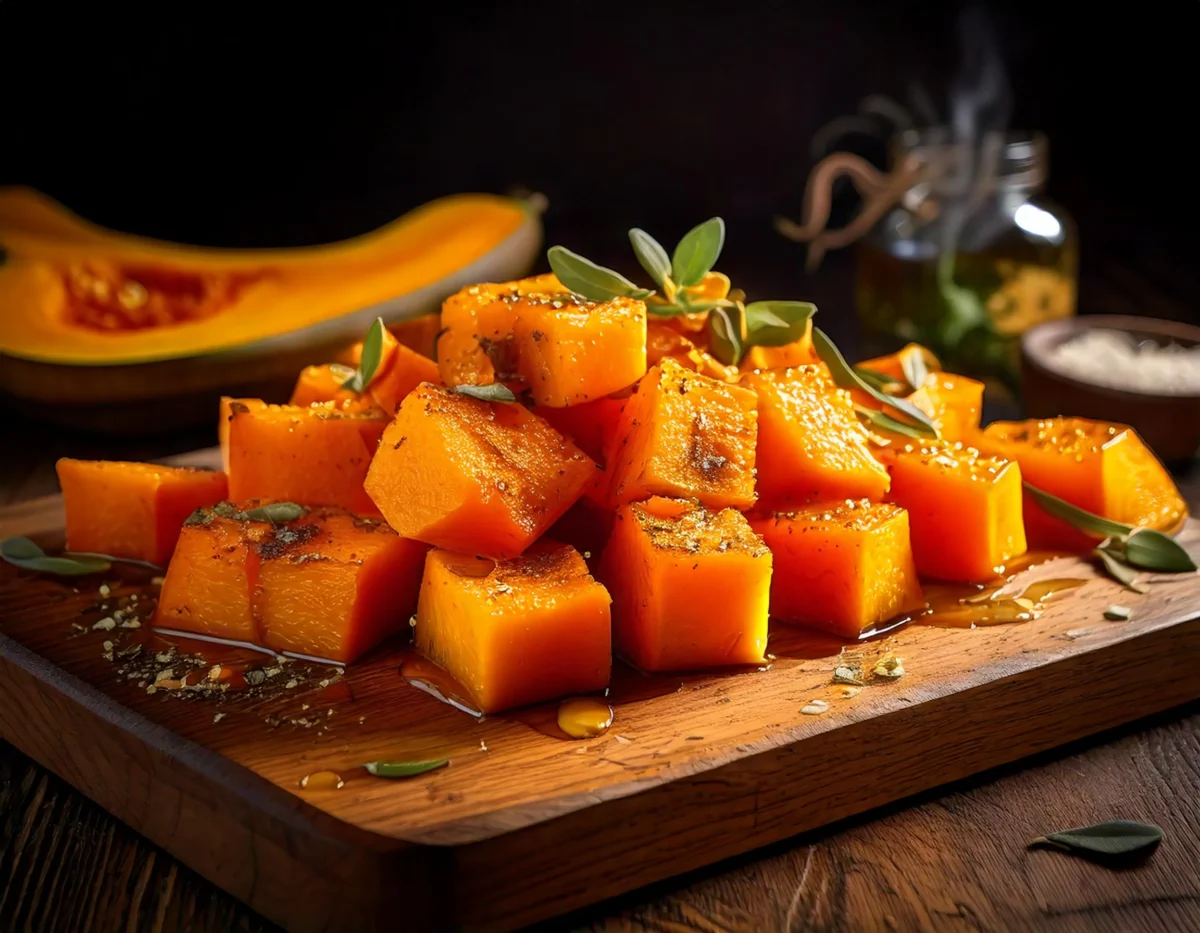 Roasted butternut squash cubes with herbs reducing bitterness