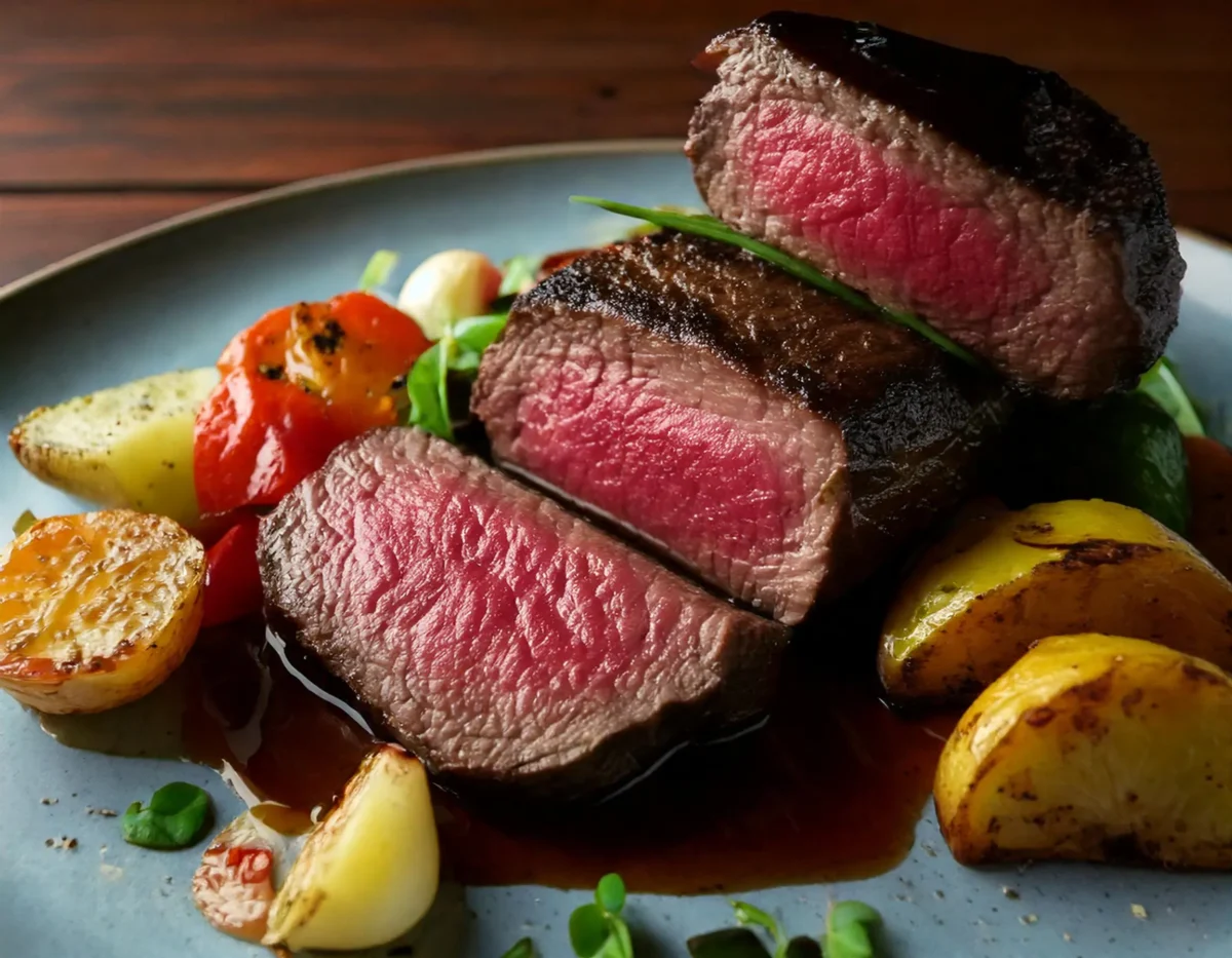 Perfectly seared beef tenderloin medallions with rosemary garnish