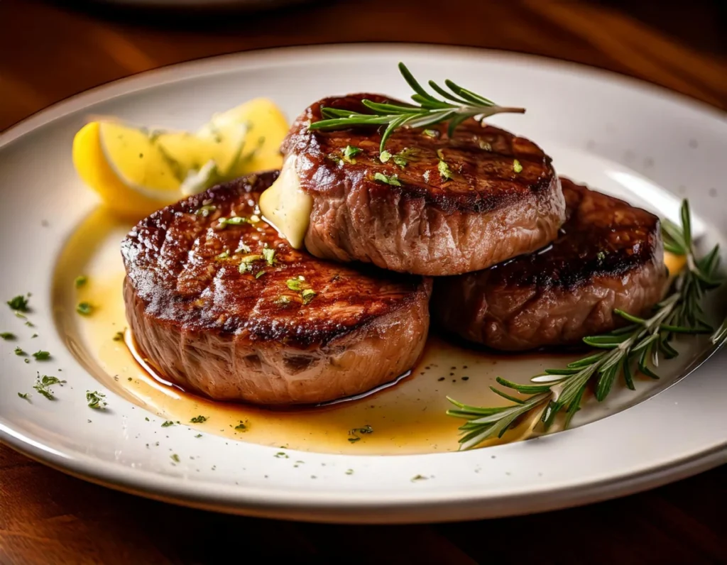 Perfectly cooked tender beef medallions on a plate