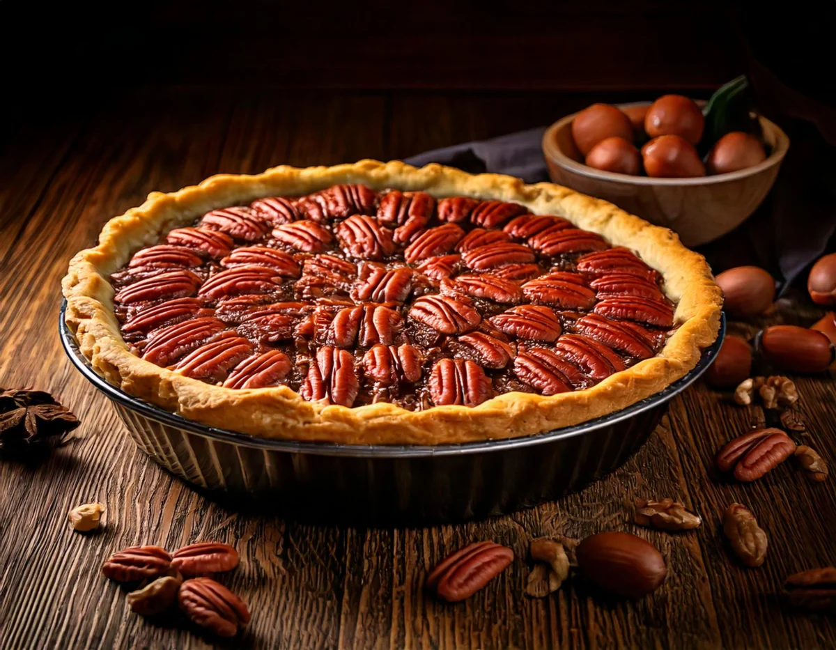 Delicious pecan pie with complementary beverages