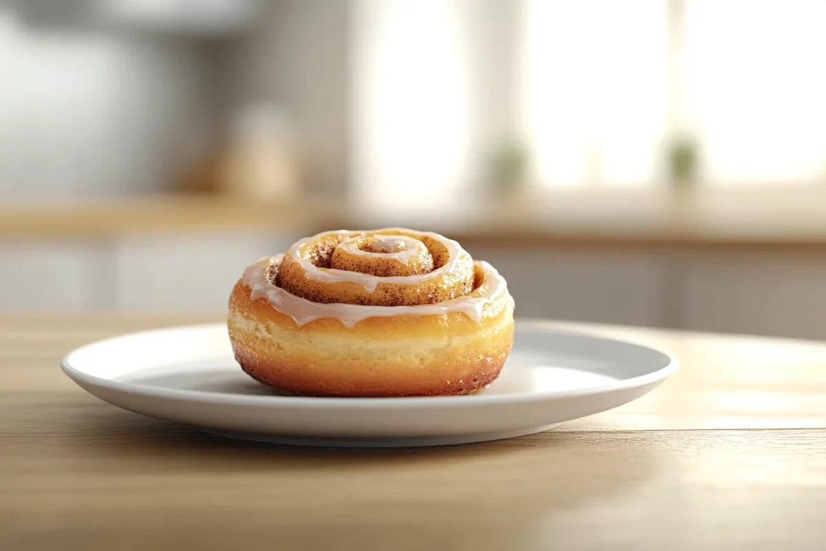 Close-up of a freshly baked cinnamon roll with a light glaze.