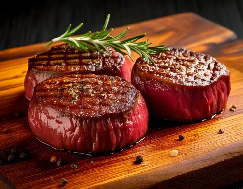 Juicy beef medallions seared to perfection on a wooden cutting board