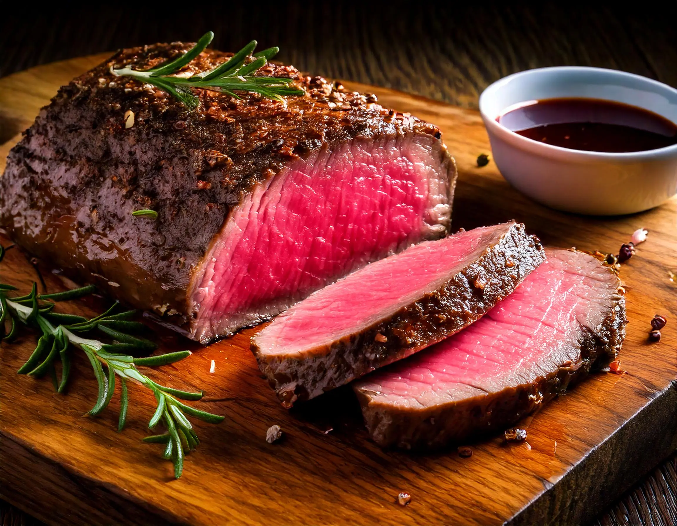 A sliced medium-rare beef tenderloin on a cutting board with herbs.