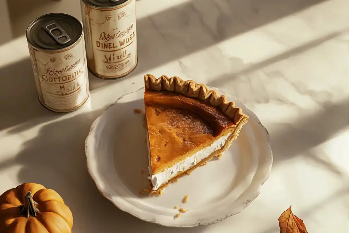 Pumpkin pie with evaporated milk and sweetened condensed milk cans on marble