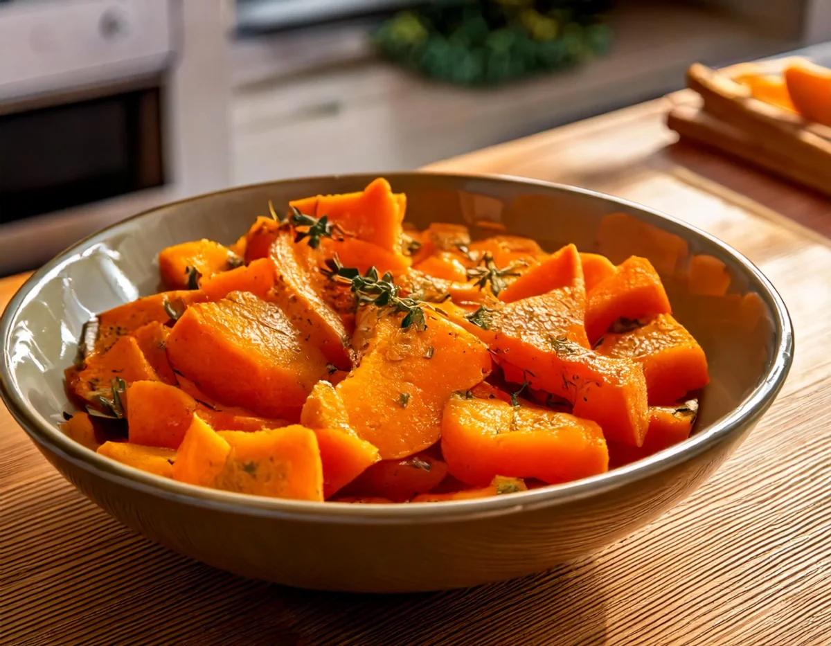 A bowl of roasted butternut squash highlighting its vibrant orange color