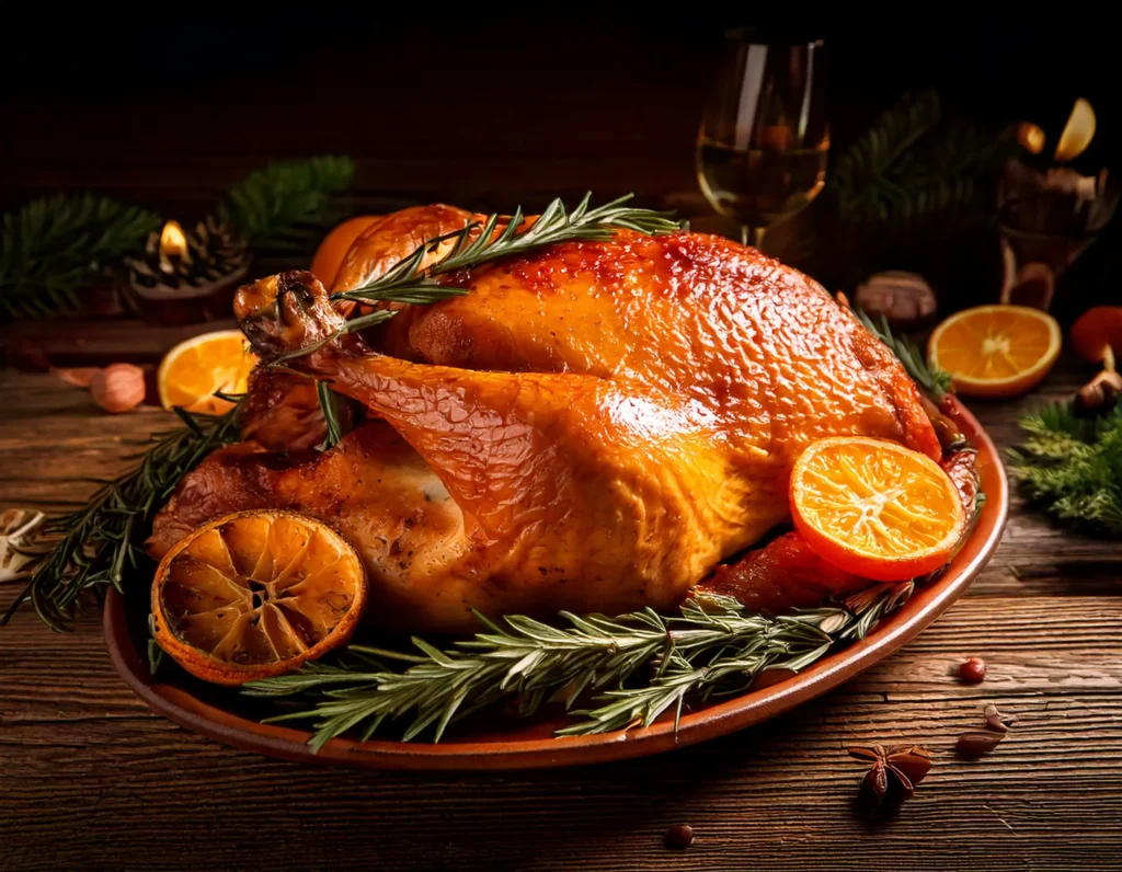 A succulent roasted turkey filled with fresh herbs, citrus slices, and vibrant fruits, highlighting What can I stuff in turkey other than stuffing?