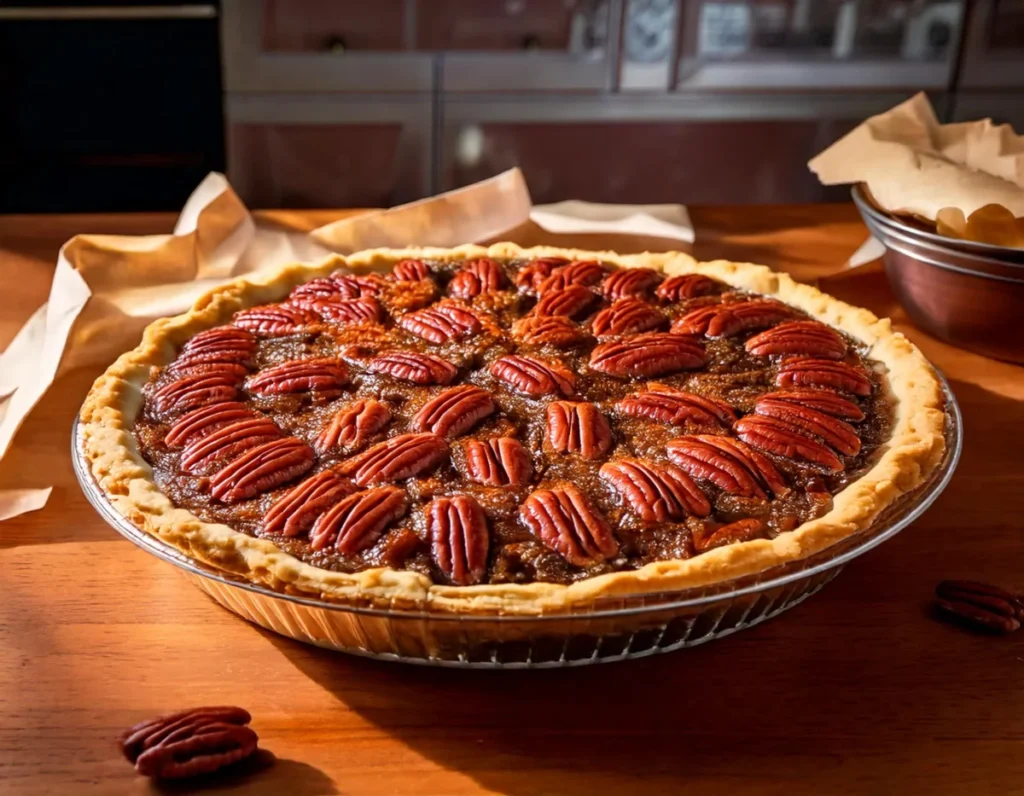 Store-bought pecan pie on kitchen counter, unrefrigerated