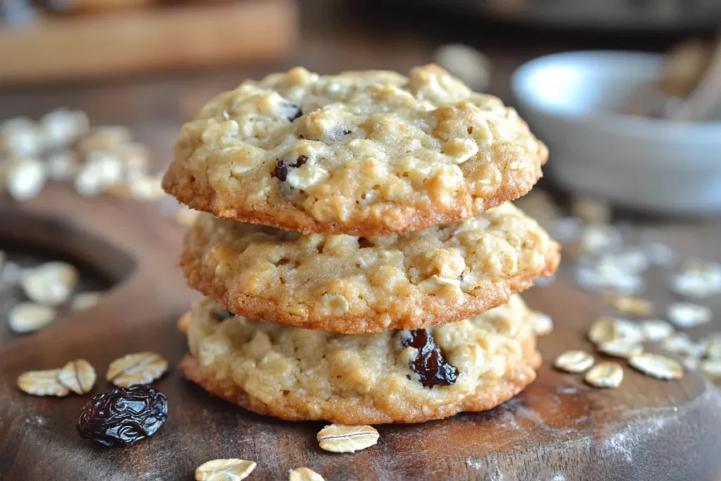 Delicious old fashioned oatmeal cookies stacked on a wooden board with scattered oats.