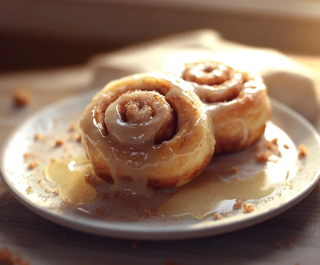 Leftover sourdough cinnamon rolls on a white plate, ready for storage.