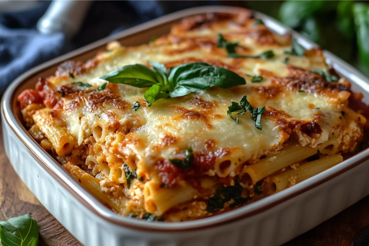 Vegan baked ziti with marinara sauce and vegan mozzarella