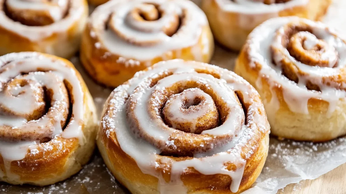 Freshly baked cinnamon rolls on a wooden table.