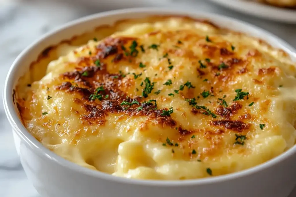 Creamy mac and cheese made with evaporated milk in a white bowl.