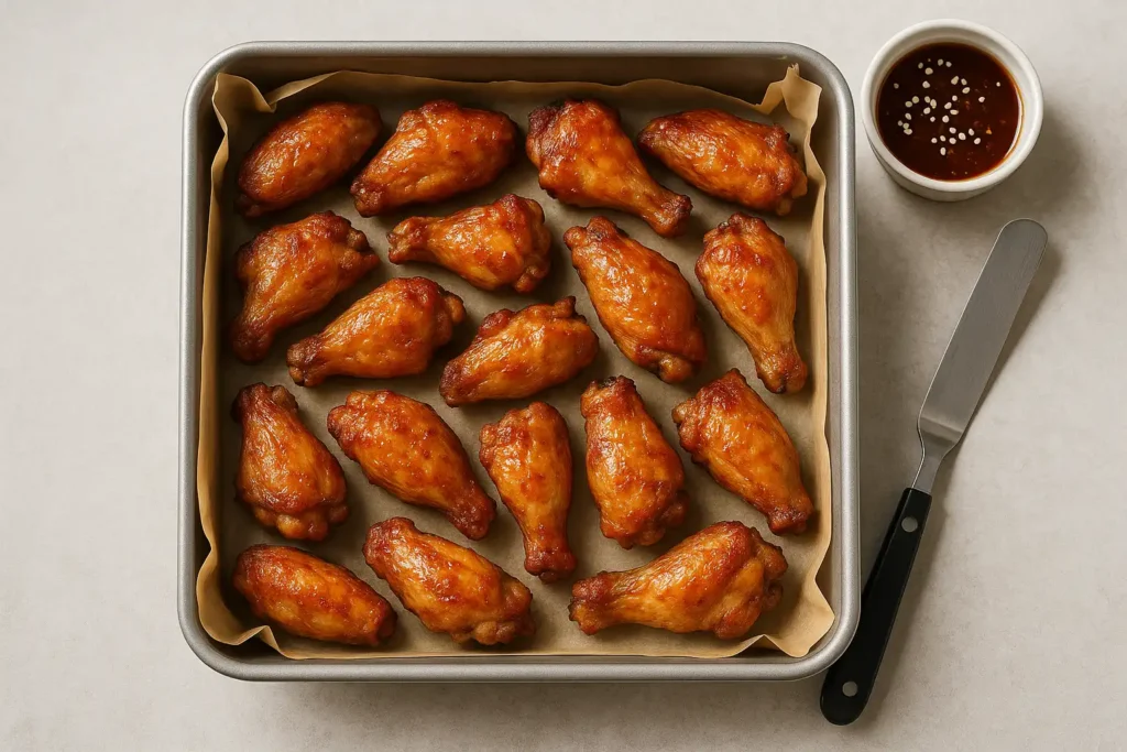 Overhead of 16 golden air fryer chicken wings with blistered skin in an 8×8-inch pan on parchment.